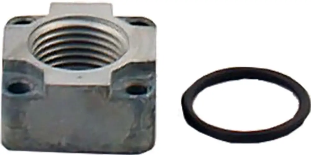 Flansch aus Metall mit Innengewinde und vier Befestigungslöchern, daneben ein O-Ring. Produkt von Wolf.